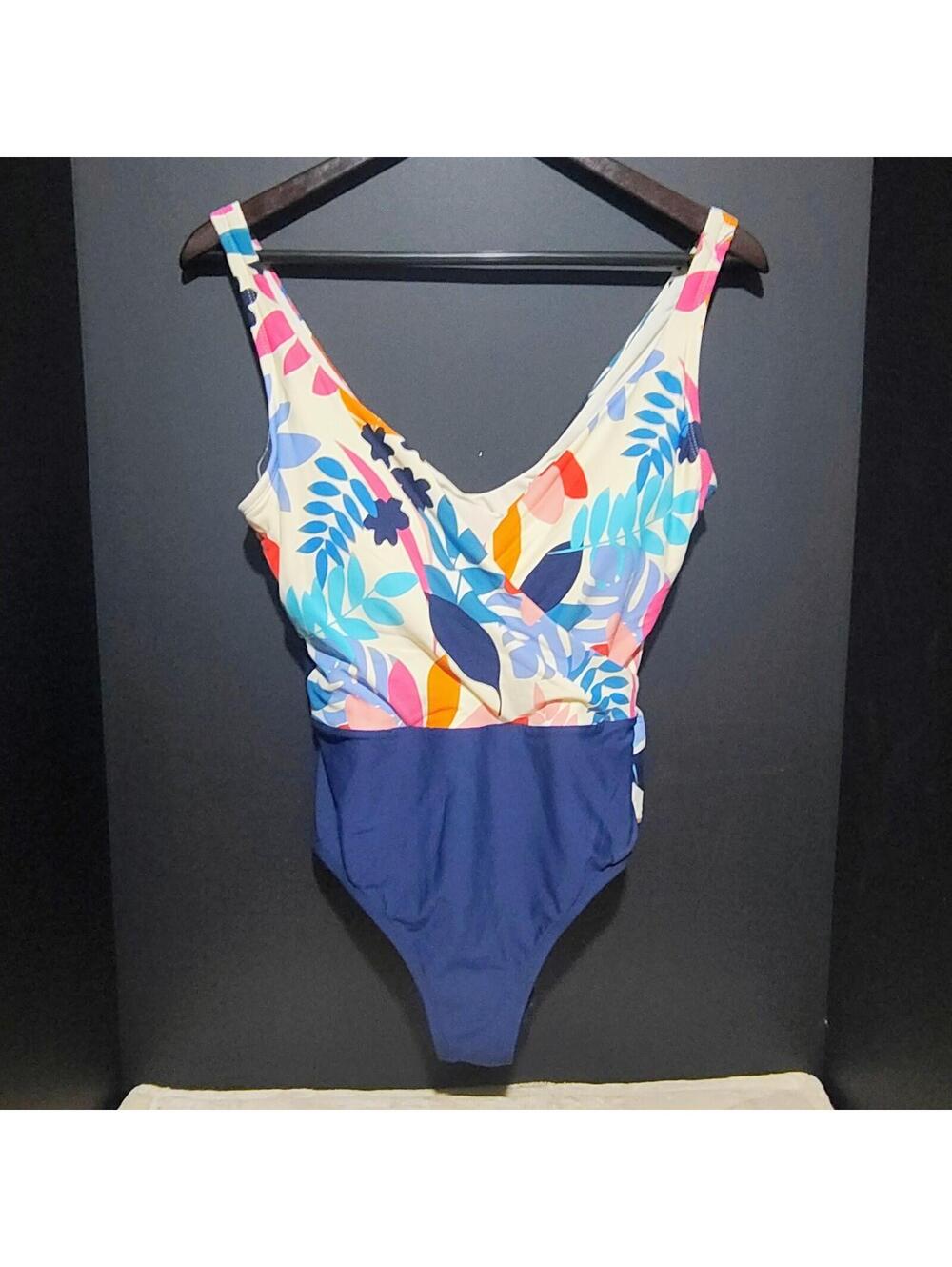 Vintage Sea Angel Swimsuit Women Size M Dark Blue Floral One Piece V-Neck  Lined